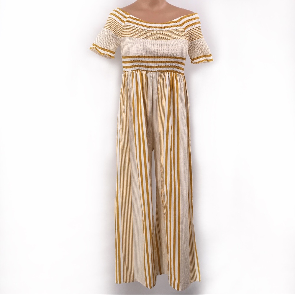 Hers & Mine Off Shoulder Striped Wide Leg Jumpsuit